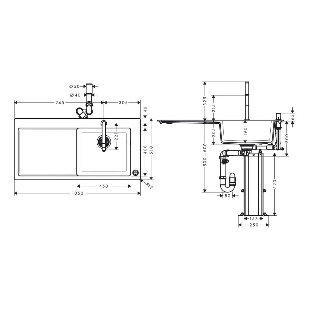 hansgrohe Select 200 Spülencombi 450 mit Abtropffläche C51-F450-08 chrom... HANSGROHE-43219000 4059625100486 (Abb. 4)