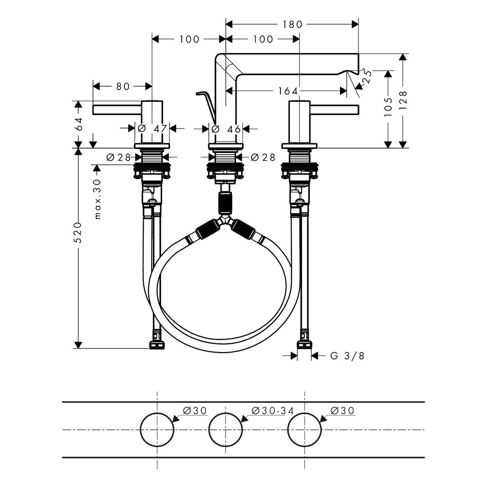 Hansgrohe Zesis S 3-Loch Waschtischarmatur Standmontage Pin-Griff, ComfortZone 100,... HANSGROHE-74733000 4059625557747 (Abb. 3)
