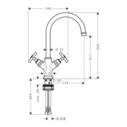 Hansgrohe AXOR Montreux 2-Griff Waschtischarmatur 210mm, 5l/min, Kreuzgriffen, Zugs... HANSGROHE-16502330 4011097879000 (Abb. 1)