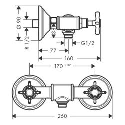 Hansgrohe AXOR Montreux 2-Griff Brausearmatur Aufputz, 11l/min, Kreuzgriffen, Brush... HANSGROHE-16560250 4011097882611 (Abb. 1)