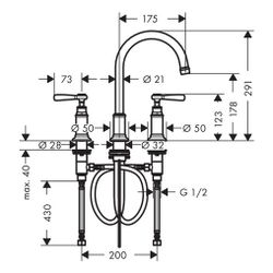 Hansgrohe AXOR Montreux 3-Loch Waschtischarmatur 180mm, 5l/min, Hebelgriff, Zugstan... HANSGROHE-16514000 4011097784762 (Abb. 1)