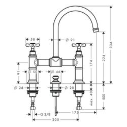 Hansgrohe AXOR Montreux 2-Griff Waschtischarmatur 220mm, 5l/min, Kreuzgriffen, Zugs... HANSGROHE-16510330 4011097879390 (Abb. 1)