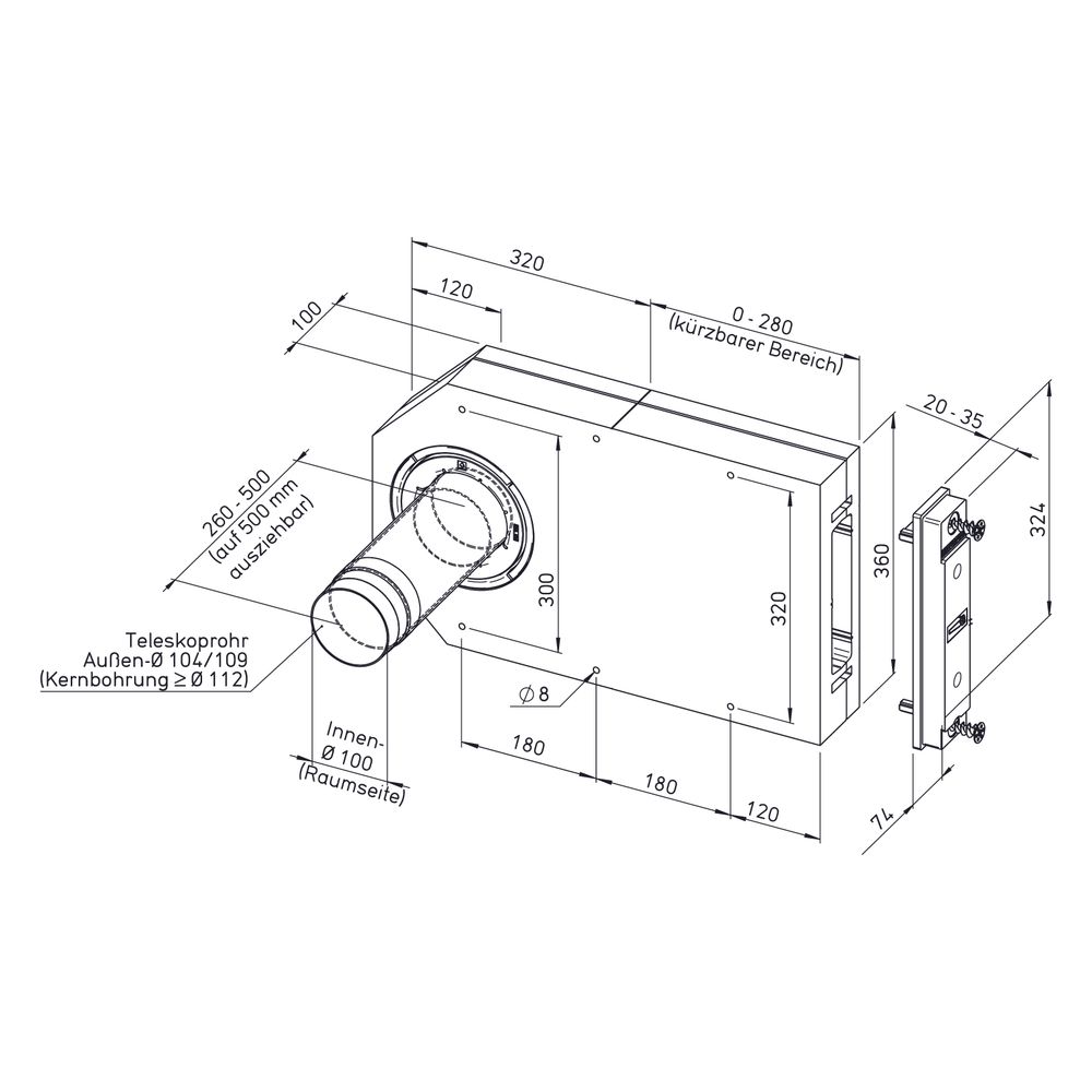Helios ZRL 100 Rohbaupaket Laibung mit Teleskoprohr DN 100, Länge 260-500mm, inkl. 2 Putz... HELIOS-07459 4010184074595 (Abb. 2)