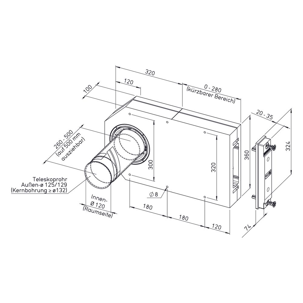 Helios ZRL 125 Rohbaupaket Laibung mit Teleskoprohr DN 125, Länge 260-500mm, inkl. 2 Putz... HELIOS-07462 4010184074625 (Abb. 2)