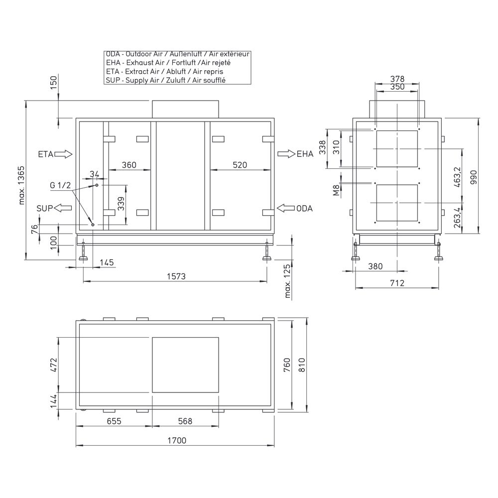 Helios Lüftungsgerät AIR1 RH 1500 mit WRG Rotations-WT, stehend, horizontal, max. 1.600m3... HELIOS-04343 4010184043430 (Abb. 3)