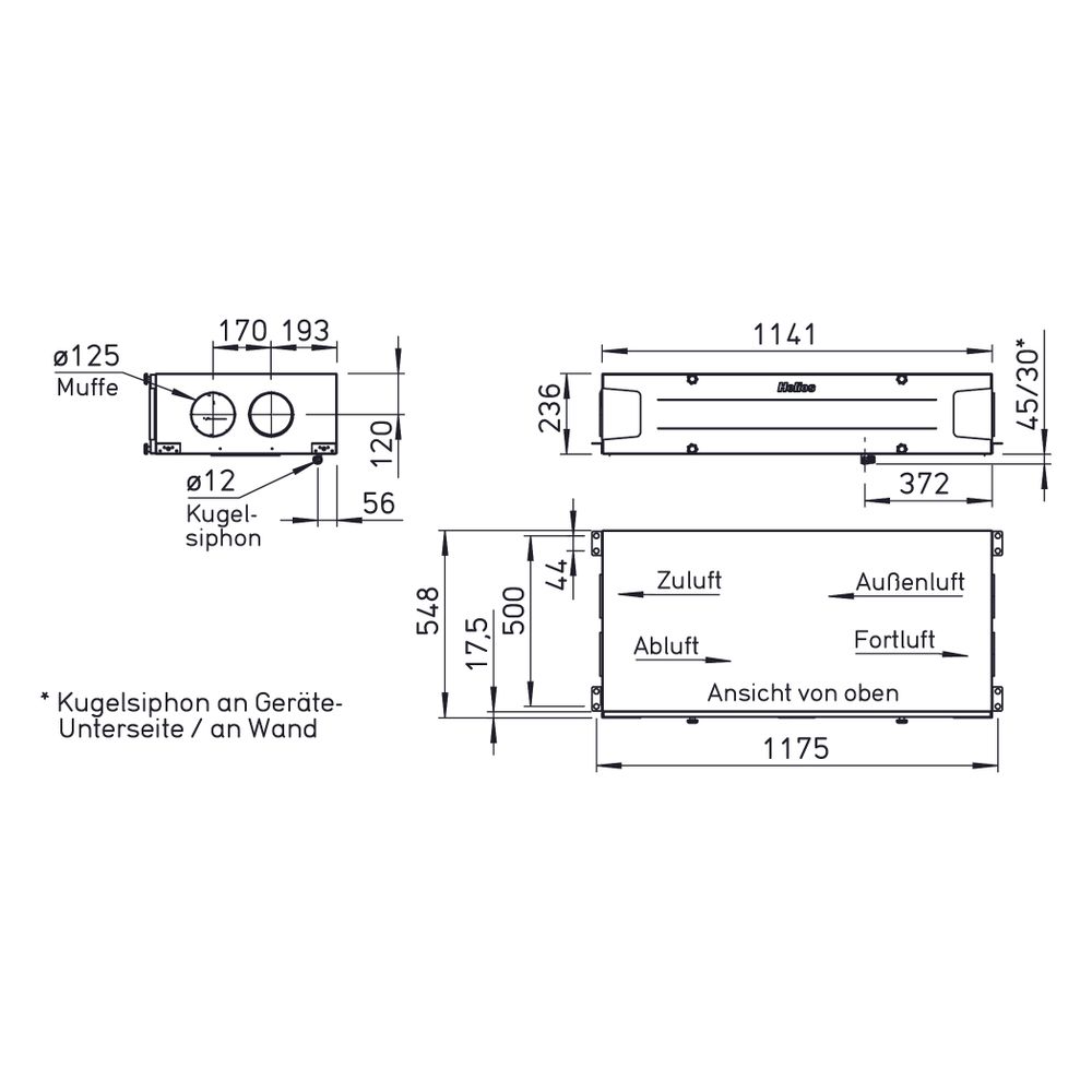 Helios KWL 220 D R Decken-Lüftungsgerät rechts m. WRG, 100W, max. 216m3/h, 230V, EC-Motor... HELIOS-40057 4010184400578 (Abb. 2)