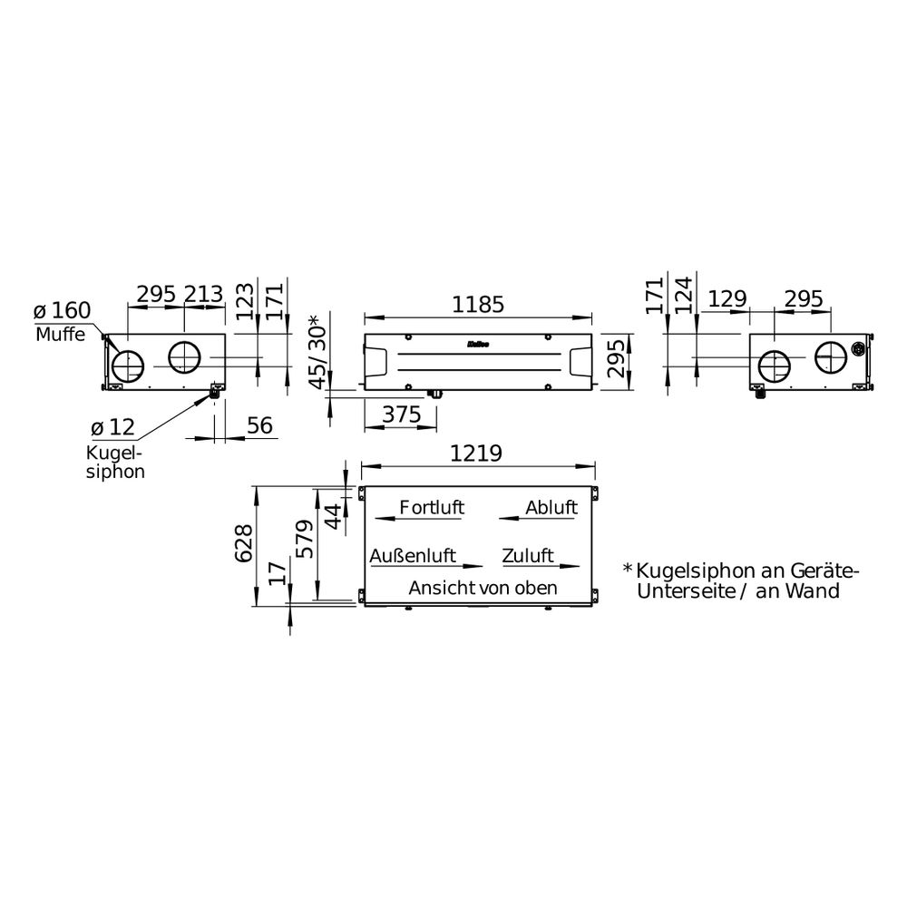 Helios Decken-Lüftungsgerät KWL 340 D L, links, mit WRG, EC-Motoren, Auto-Bypass und Webs... HELIOS-40060 4010184400608 (Abb. 2)