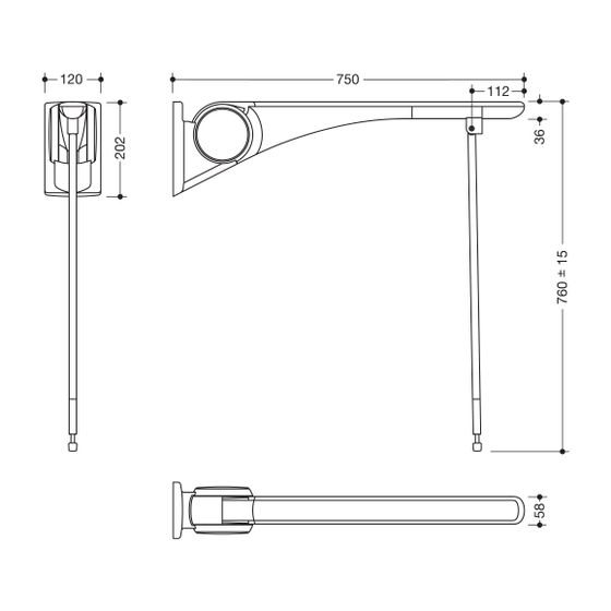 HEWI Stützklappgriff Basic 750mm mit Bodenstütze Montagehöhe H 760mm anthrazit hochglanz/anthrazit matt