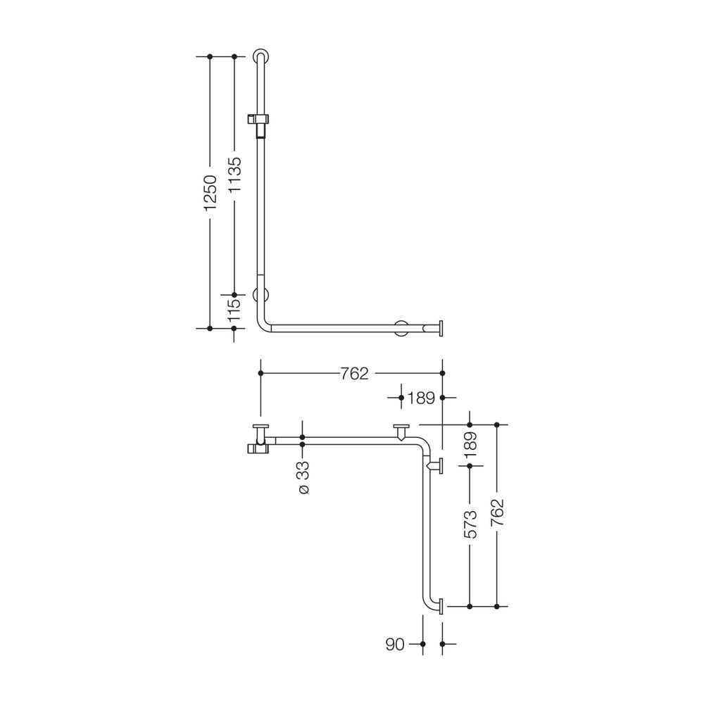 HEWI Duschhandlauf mit Brausehalterstange, Ausführung rechts Serie 805 1250x762x76... HEWI-805.35.220R 92 4014885388555 (Abb. 2)