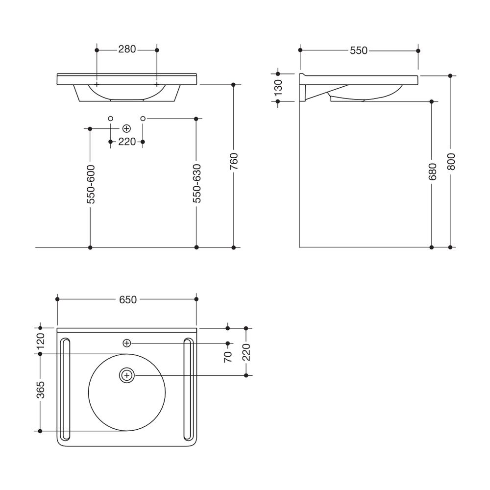 HEWI Waschtisch Schwallkante, runde Mulde, 650x550mm, 1 HL... HEWI-950.11.151 4014885522515 (Abb. 2)