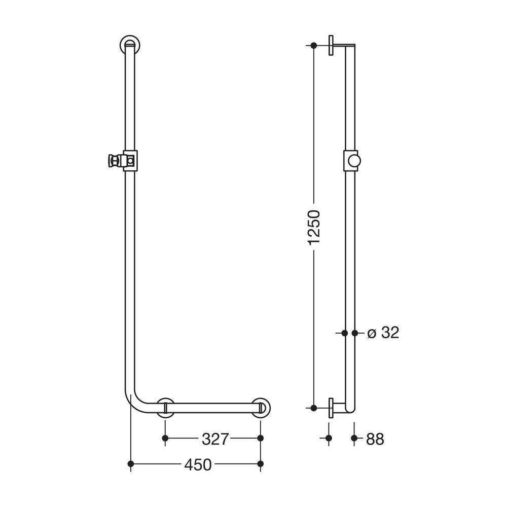 HEWI Winkelgriff mit Brausehalter D 32, 1250x450mm rechts, matt geschliffen Braus... HEWI-900.33.200XA 98 4014885535225 (Abb. 2)