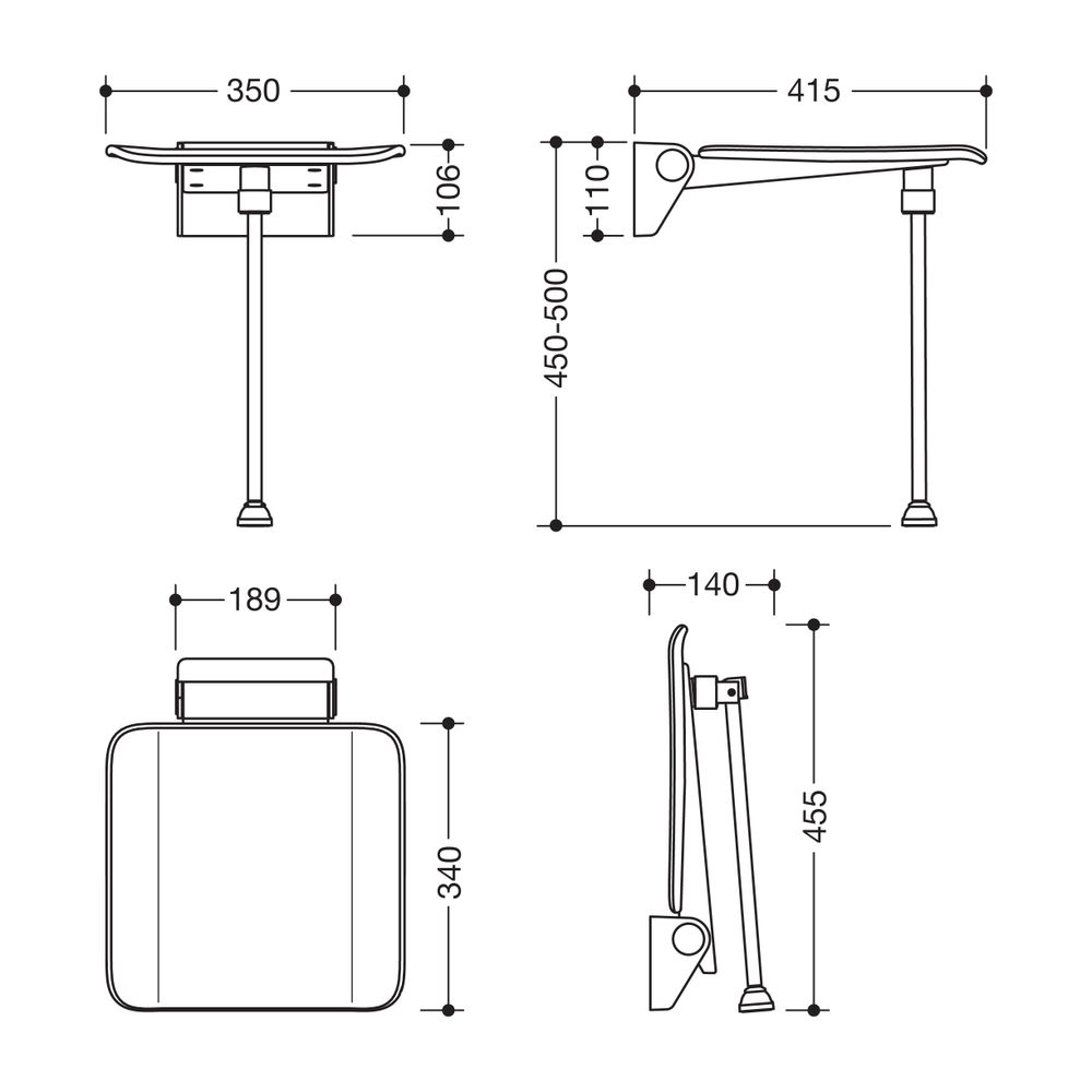 HEWI Klappsitz System 900 350x415 chrom Bodenstütze Sitzfläche Kunststoff signalw... HEWI-900.51.20140 98 4014885606512 (Abb. 2)