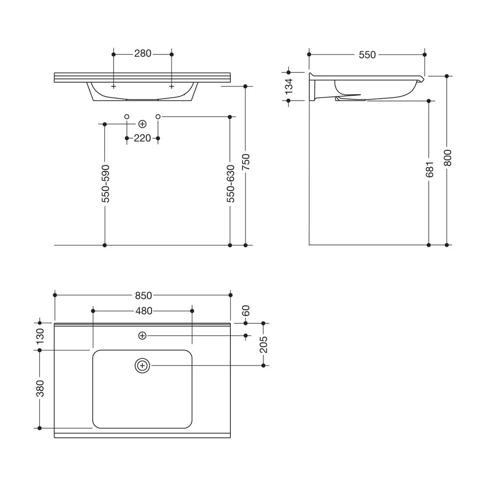 HEWI Waschtisch S-Form, modular ohne Überlauf, 850x550mm, 1 HL... HEWI-950.13.301 4014885659792 (Abb. 2)