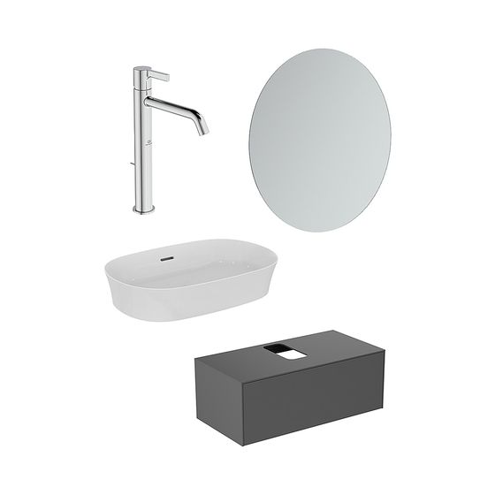 Ideal Standard Bundle04 Conca mit Waschtisch, Waschtisch-Unterschrank Anthrazit, Spiegel und Arm.