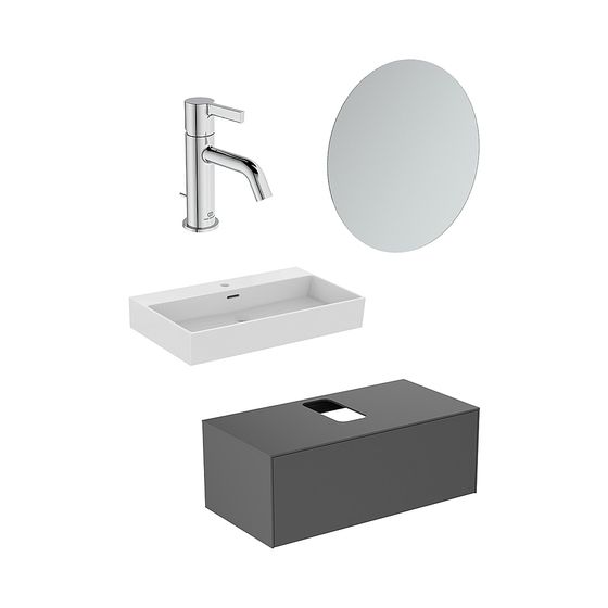 Ideal Standard Bundle05 Conca mit Waschtisch, Waschtisch-Unterschrank Anthrazit, Spiegel und Arm.