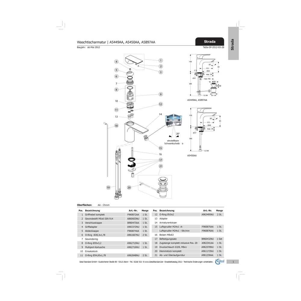 Ideal Standard Luftsprudler M24X1, Kippbar 20 Grad, Chrom... IST-F960875AA 4015413524971 (Abb. 1)