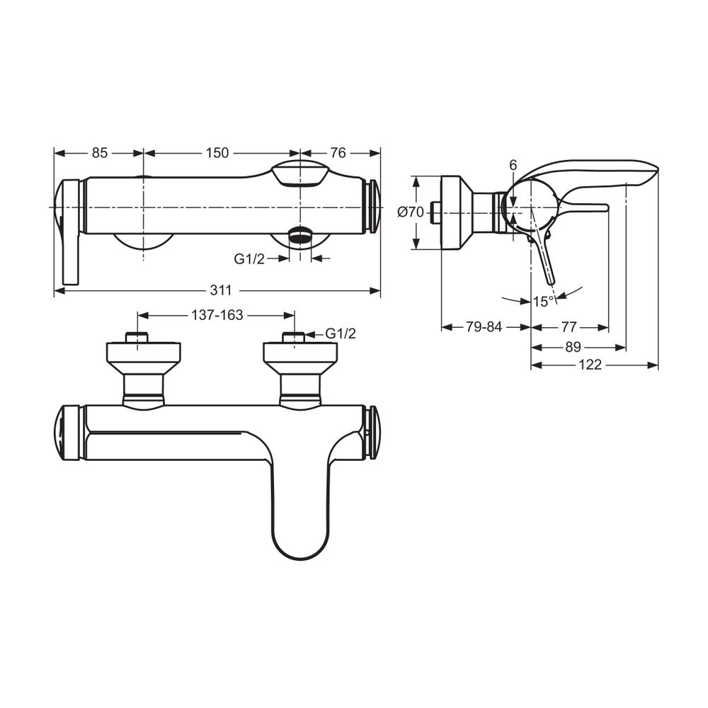 Ideal Standard Badearmatur Aufputz Melange, Ausld. 168mm, Chrom... IST-A4271AA 4015413316644 (Abb. 2)