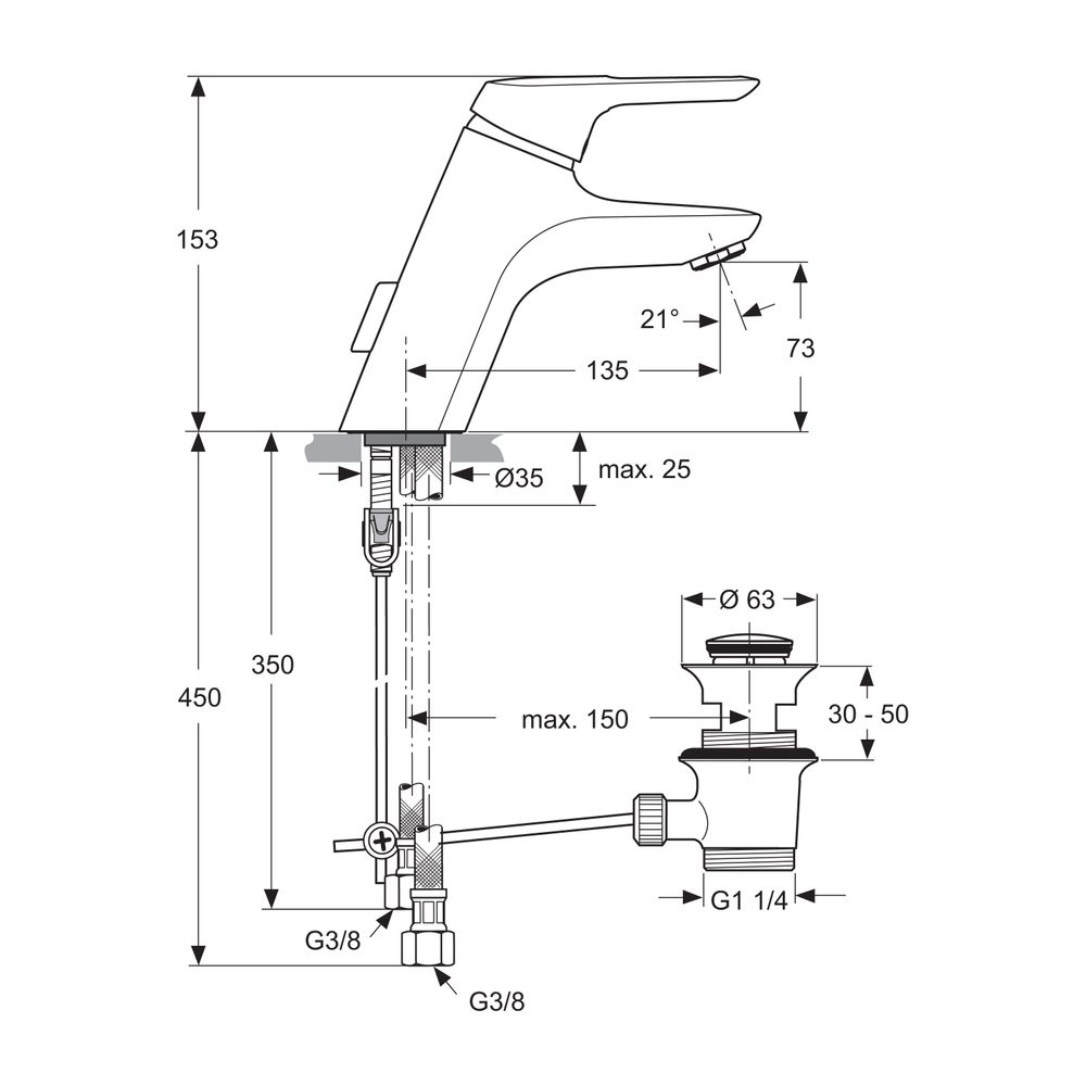 Ideal Standard Display Waschtisch-Armatur Ceramix Blue, mit Ablaufgarnitur Ausladung 135mm... IST-A5672AA 4015413326506 (Abb. 2)