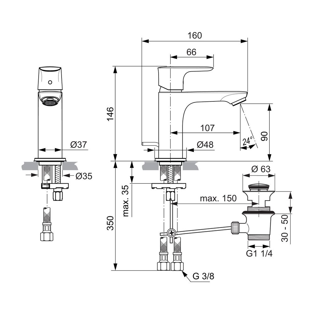 Ideal Standard Waschtisch-Armatur Connect Air, Slim, 5l/min, mit Ablaufgarnitur Ausld.107m... IST-A7007A2 4015413347235 (Abb. 2)
