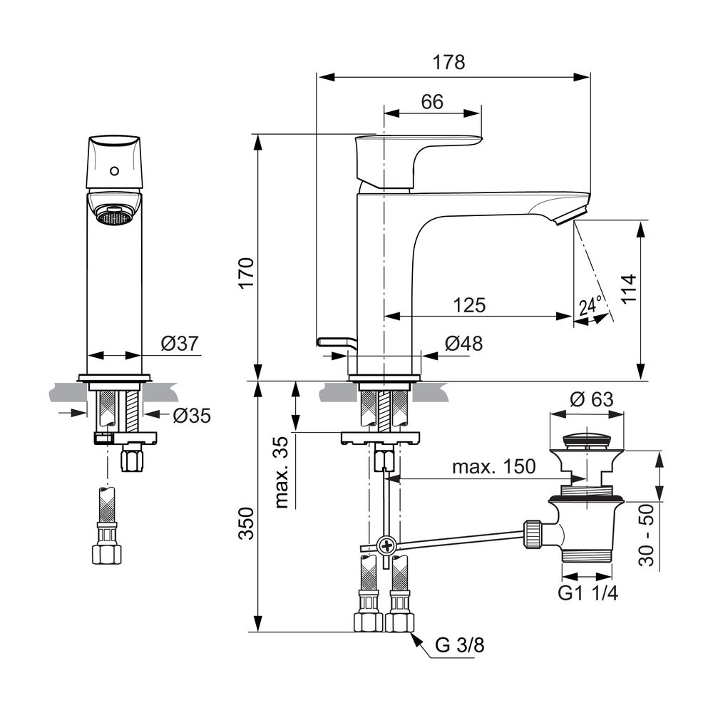Ideal Standard Waschtisch-Armatur Connect Air, Grande Slim, mit Ablaufgarnitur Ausld.125mm... IST-A7012GN 4015413347334 (Abb. 2)