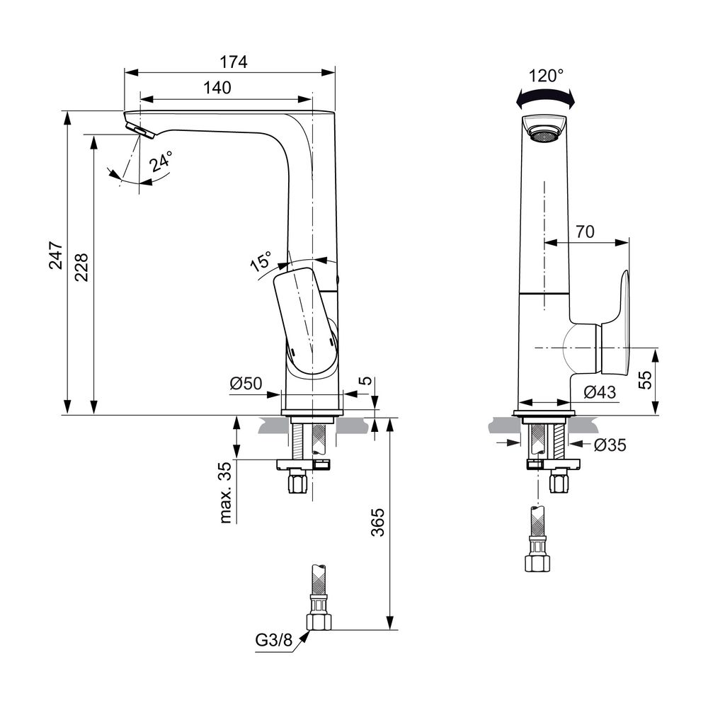 Ideal Standard Waschtisch-Armatur Connect Air, 5l/min, ohne Ablgarn., mit hohem schwenkbar... IST-A7023AA 4015413342001 (Abb. 2)