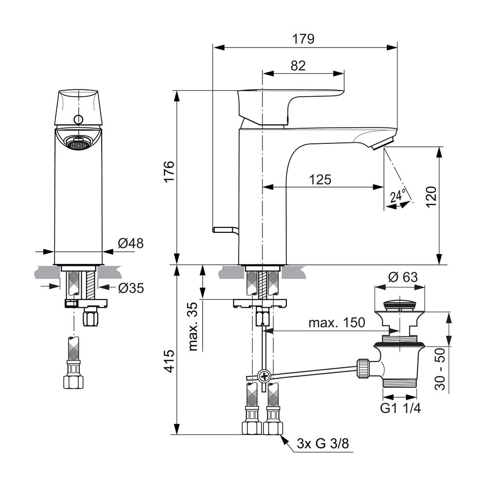 Ideal Standard Waschtisch-Armatur Connect Air, ND, Grande, 5l/min, mit Ablaufgarnitur Ausl... IST-A7054AA 4015413342384 (Abb. 2)