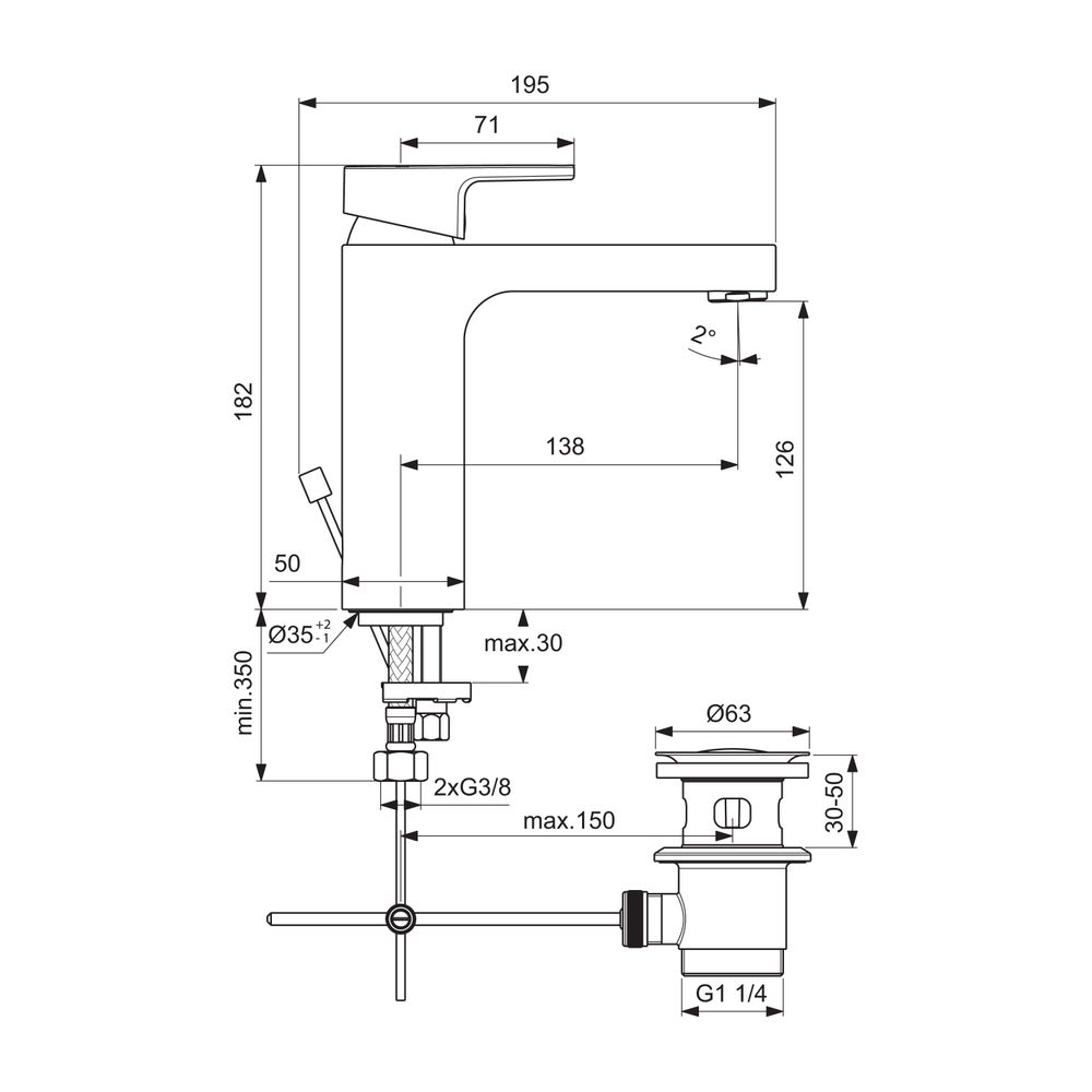 Ideal Standard Waschtischarmatur Edge, Grande, 5 l/min., mit Ablaufgarnitur Ausld.138mm, C... IST-A7109AA 3800861064923 (Abb. 2)