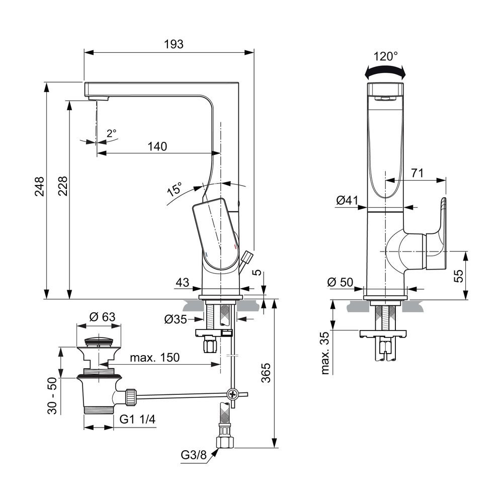 Ideal Standard Waschtisch-Armatur Edge, 5 l/min, mit Ablaufgarnitur mit hohem schwenkbarer... IST-A7110AA 4015413343800 (Abb. 2)