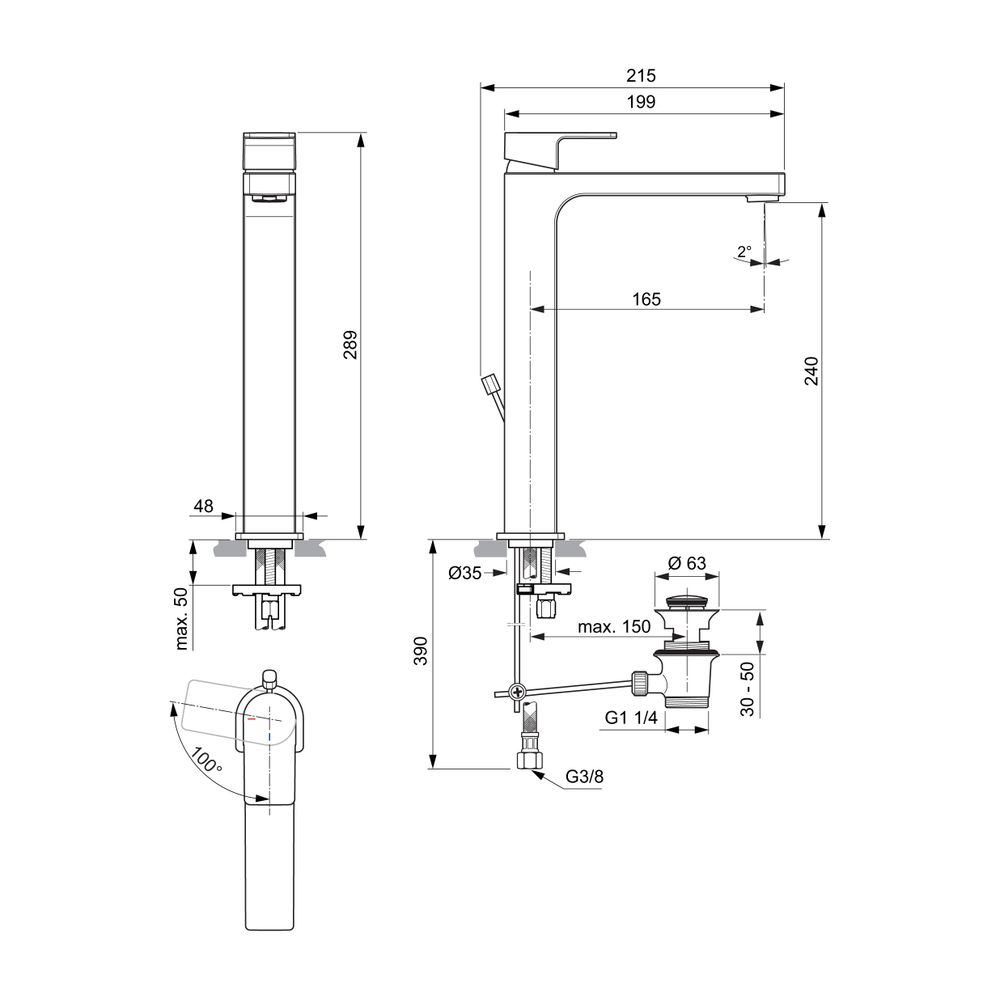 Ideal Standard Waschtisch-Armatur Edge, Slim, mit verl.Sockel, mit Ablaufgarnitur 5l/min, ... IST-A7113AA 4015413343770 (Abb. 2)
