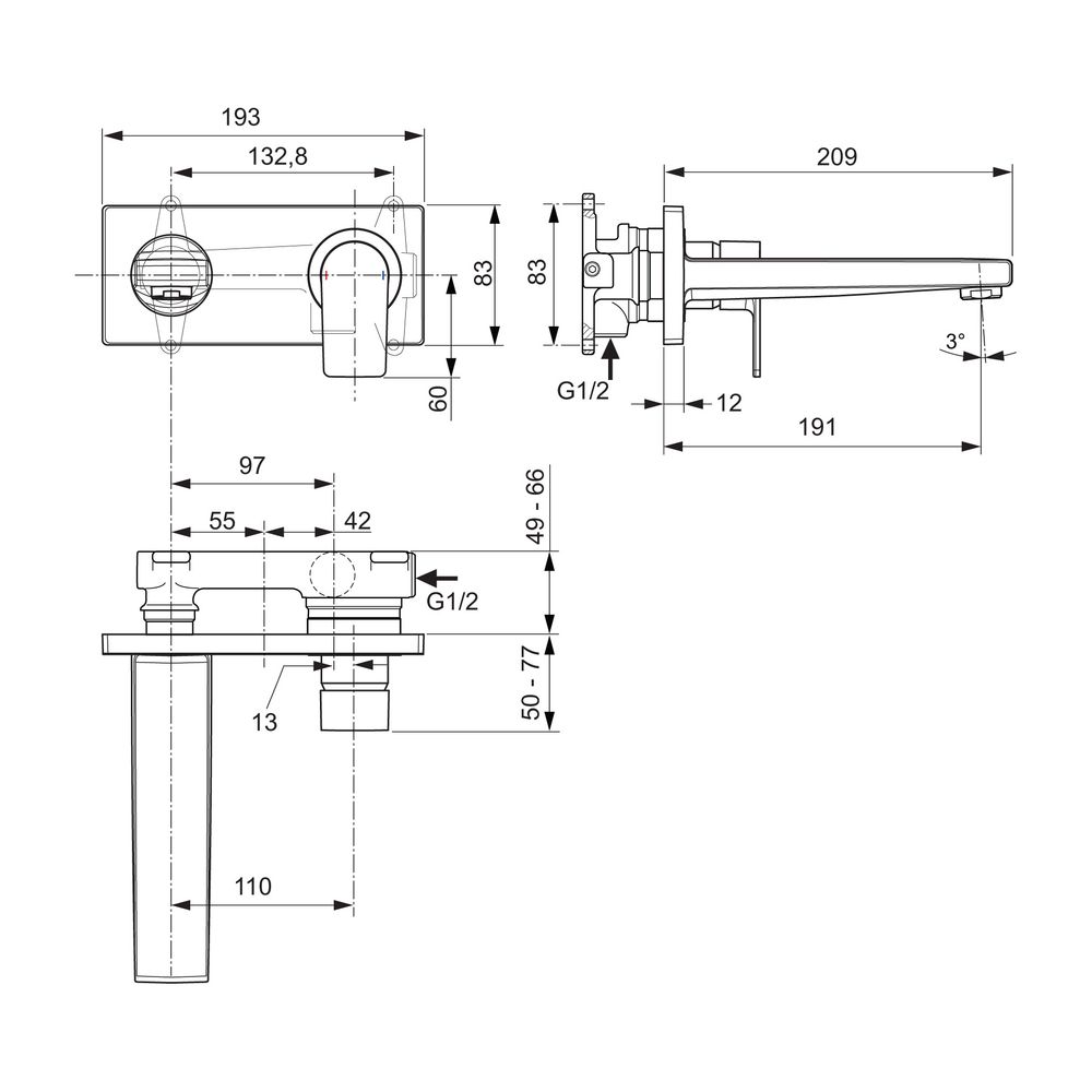 Ideal Standard Wand-Waschtischarmatur Unterputz Edge, Bausatz 2, 5 l/min., Ausld. 191mm, C... IST-A7116AA 4015413343749 (Abb. 2)