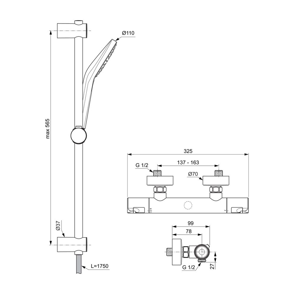 Ideal Standard Brausethermostat Aufputz Ceratherm T50 Ausld.78mm Brausestange 600mm Chrom... IST-A7217AA 4015413345835 (Abb. 4)