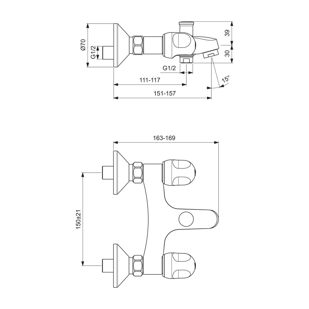 Ideal Standard Zweigriff-Badearmatur Aufputz Alpha, Ausladung 153mm, Chrom... IST-B1421AA 3800019222229 (Abb. 2)
