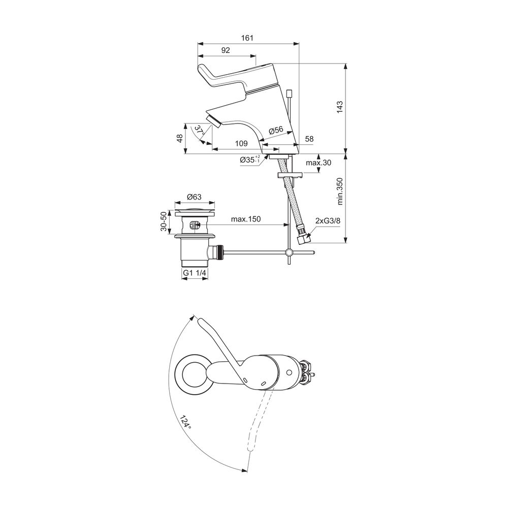 Ideal Standard WT-Sicherheitsarmit Ceraplus, mit Ablaufgarnitur Bedienhebel 120mm, Ausld. ... IST-B8218AA 3800861002833 (Abb. 2)