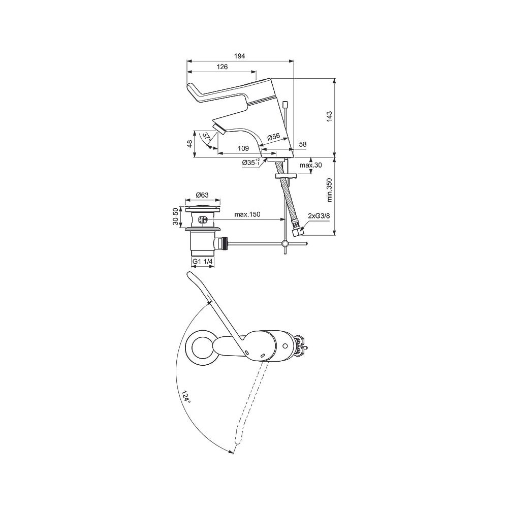 Ideal Standard WT-Sicherheitsarmit Ceraplus, mit Ablaufgarnitur Bedienhebel 180mm, Ausld. ... IST-B8219AA 3800861002840 (Abb. 2)