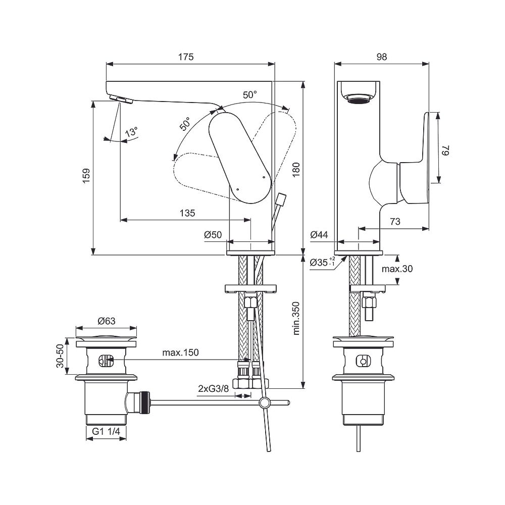 Ideal Standard Waschtischarmatur Cerafine ohne H155, mit Ablaufgarnitur Ausld.136mm, Chrom... IST-BC703AA 3800861082910 (Abb. 7)