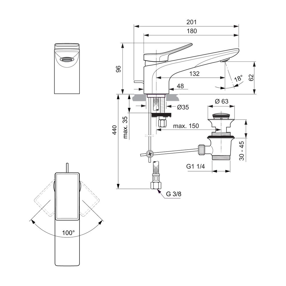 Ideal Standard Waschtischarmatur Conca, mit Ablaufgarnitur Ausld.132mm, Magnetic Grey... IST-BC753A5 3800861085652 (Abb. 10)