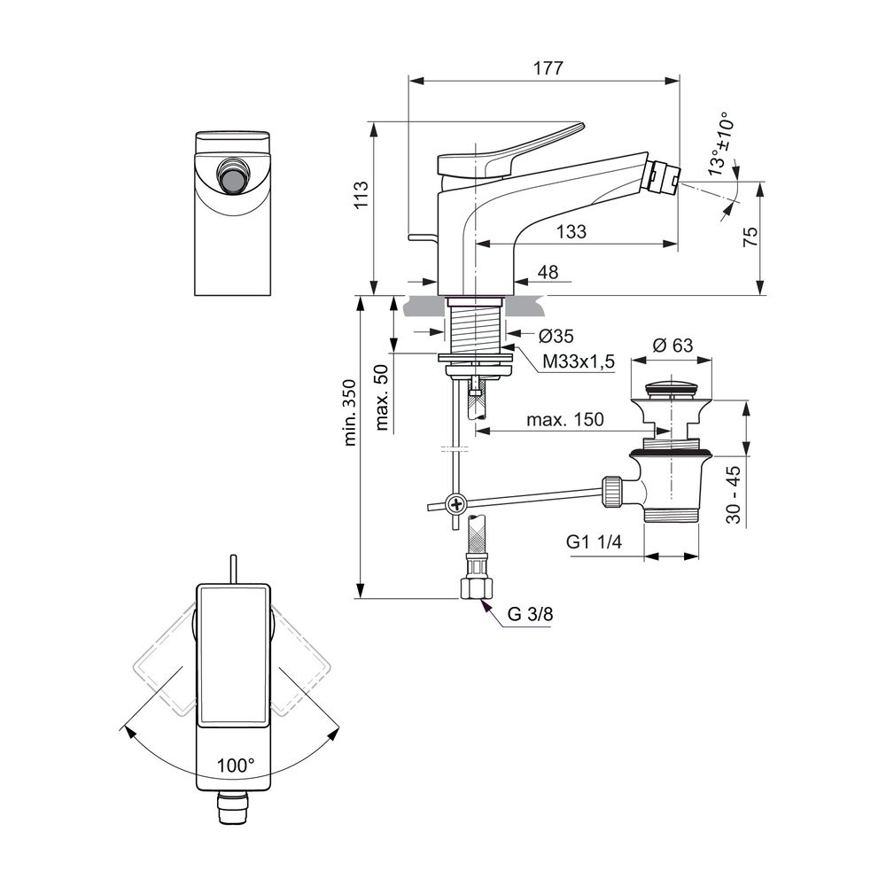 Ideal Standard Bidetarmatur Conca, mit Ablaufgarnitur Ausld.133mm, Magnetic Grey... IST-BC760A5 3800861085720 (Abb. 6)