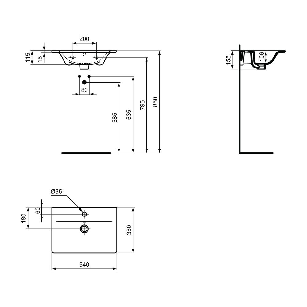 Ideal Standard Möbelwaschtisch Connect Air, 1 Hahnloch, mit Überlauf 540x380x155mm, Weiß... IST-E029601 5017830514411 (Abb. 2)