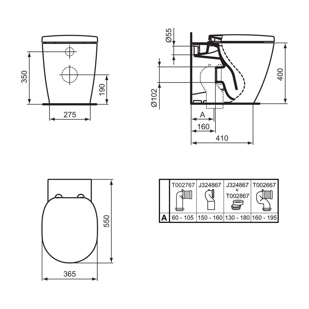 Ideal Standard Stand-T-WC Connect, AquaBlade, Abgang waagerecht 365x545x400mm, Weiß mit IP... IST-E0524MA 5017830501633 (Abb. 2)