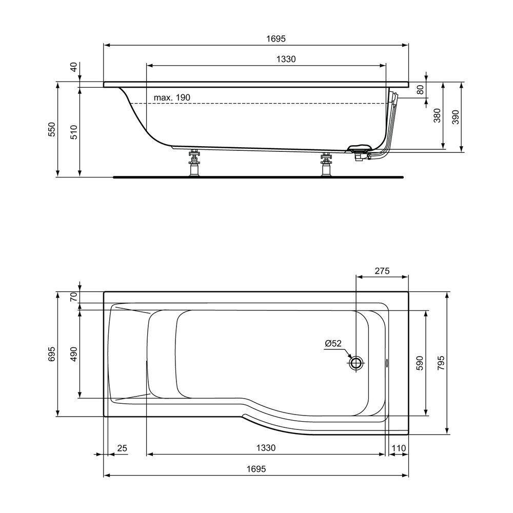 Ideal Standard Dusch-Badewanne Connect Air, Version re., 1700x800x465mm, Weiß... IST-E113501 5017830518860 (Abb. 2)