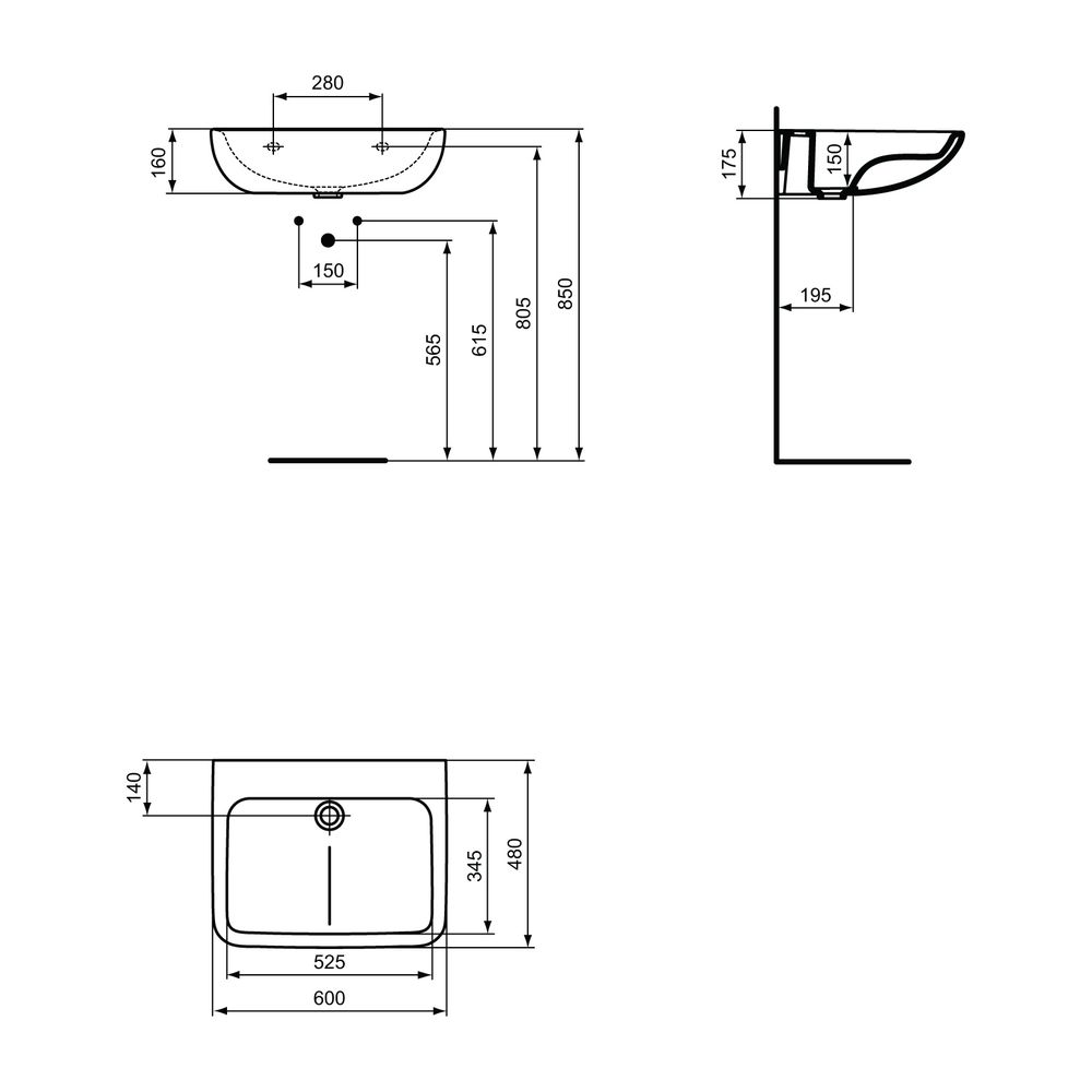 Ideal Standard Waschtisch Contour21 Plus, ohne Hahnloch, ohne Überlauf SmartGuard, 600mm, ... IST-E1726HY 5017830536536 (Abb. 2)