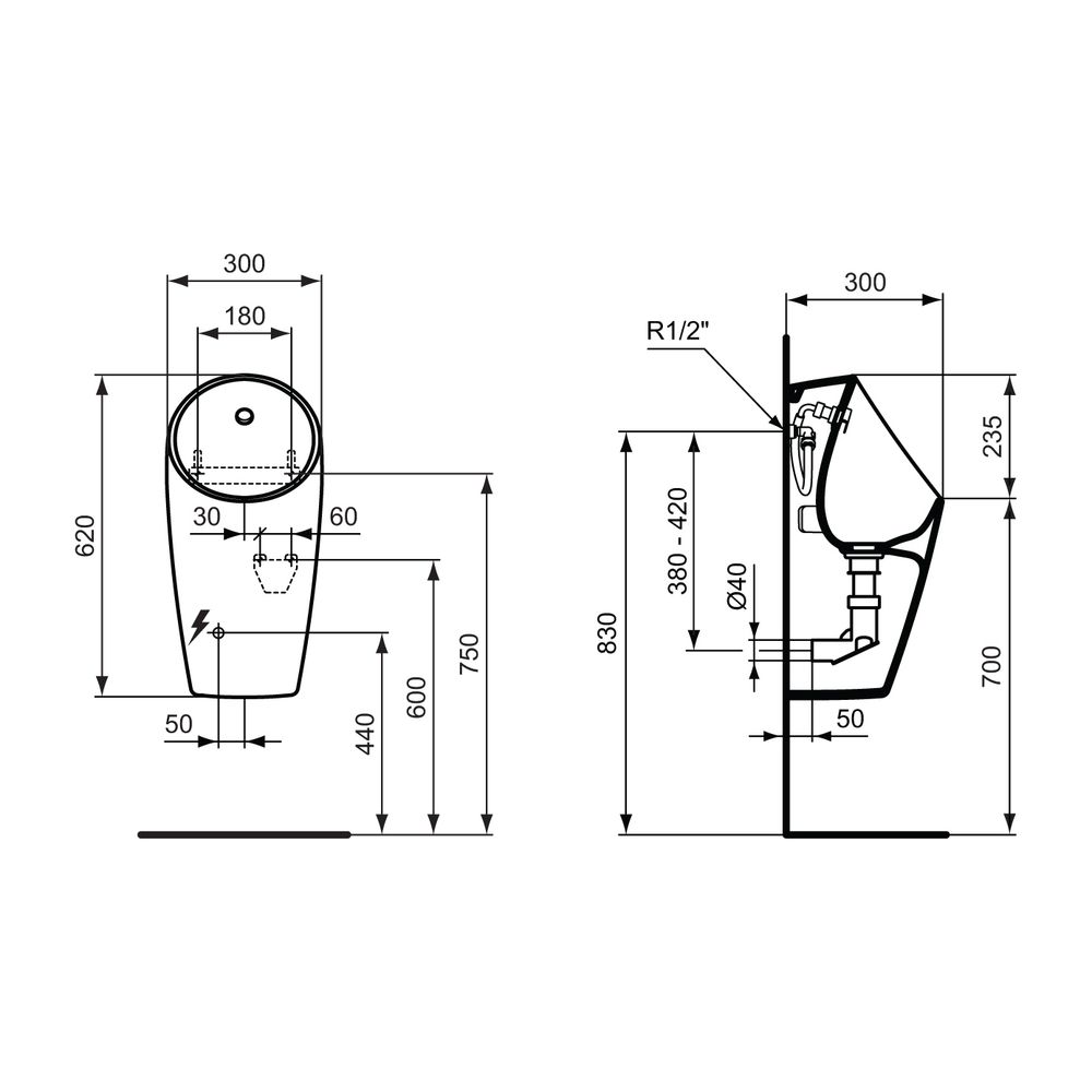 Ideal Standard E-Urinal Sphero Maxi, für Netzanschluss, Zulauf hinten, 300x300x620mm, Weiß... IST-E189701 5017830543176 (Abb. 3)