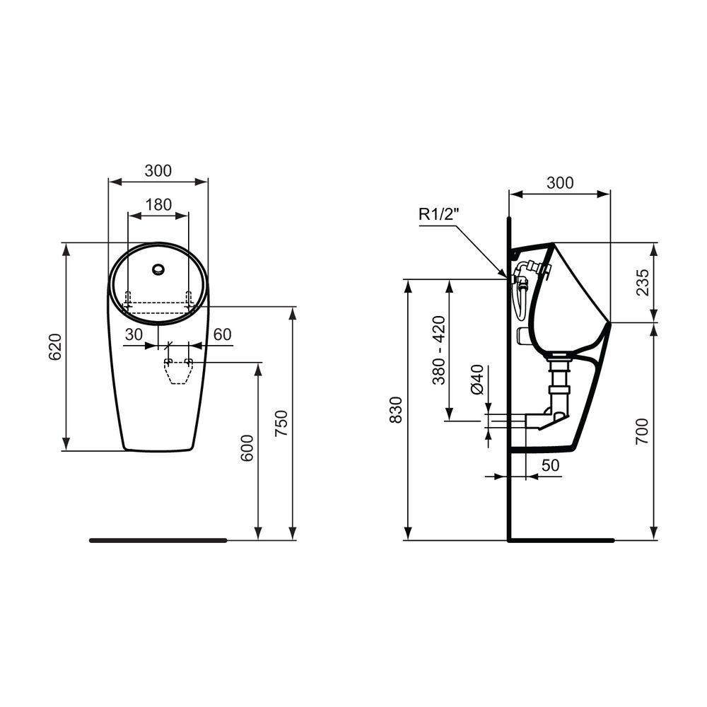 Ideal Standard E-Urinal Sphero Maxi, für Batt.Anschl., Zulauf hinten, 300x300x620mm, Weiß... IST-E208501 5017830543190 (Abb. 3)