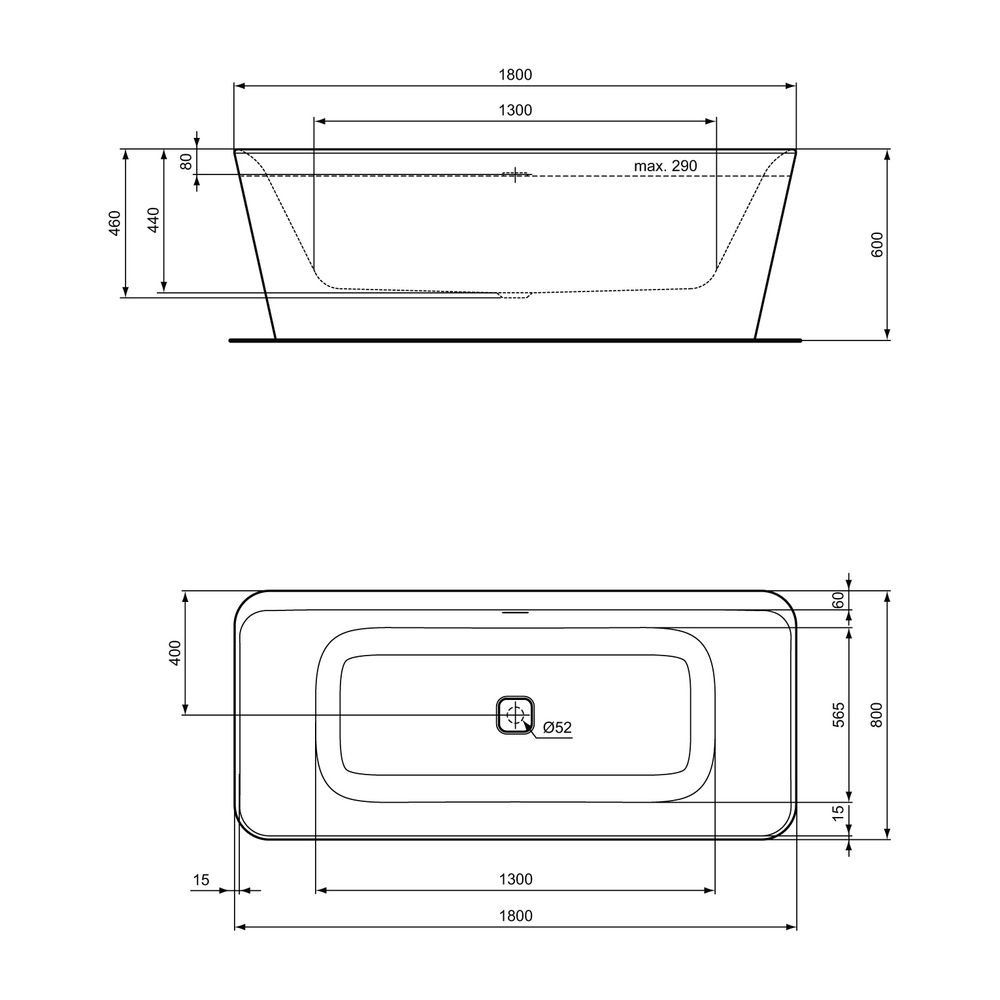 Ideal Standard Kf-Badewanne Tonic II, freistehend, mit Ablaufgarnitur 1800x800x490mm, Weiß... IST-E398101 5017830487715 (Abb. 2)