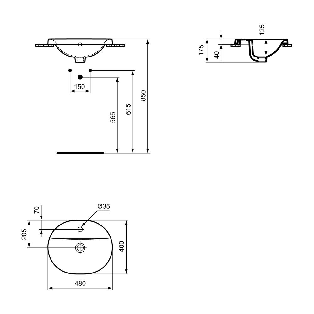 Ideal Standard Einbauwaschtisch Connect, oval, 1 Hahnloch mit Überlauf 480x400x175mm, Weiß... IST-E5038MA 5017830446729 (Abb. 2)