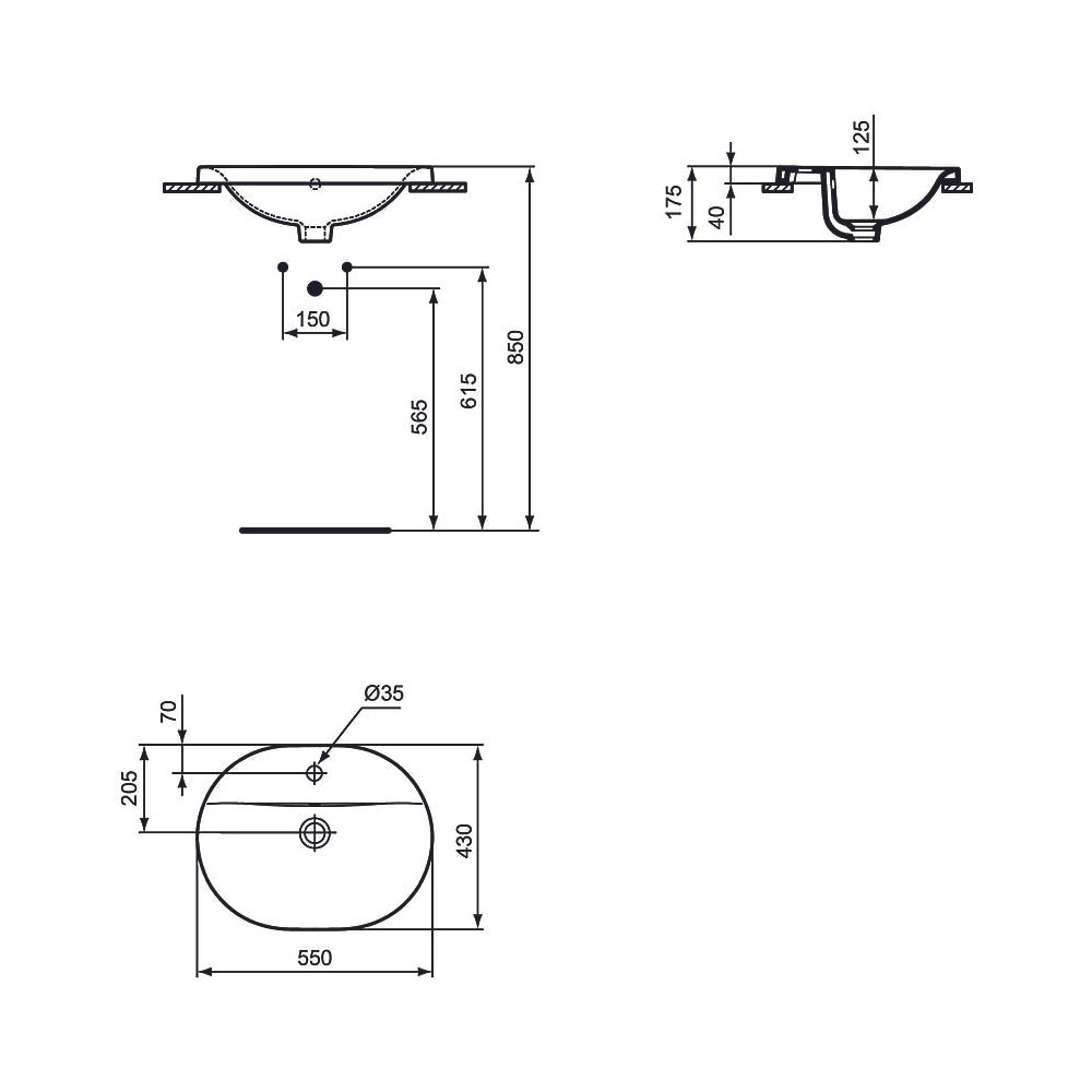 Ideal Standard Einbauwaschtisch Connect, oval, 1 Hahnloch mit Überlauf 550x430x175mm, Weiß... IST-E5039MA 5017830446743 (Abb. 2)
