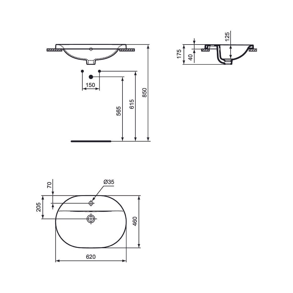 Ideal Standard Einbauwaschtisch Connect, oval, 1 Hahnloch mit Überlauf 620x460x175mm, Weiß... IST-E504001 5017830446750 (Abb. 2)