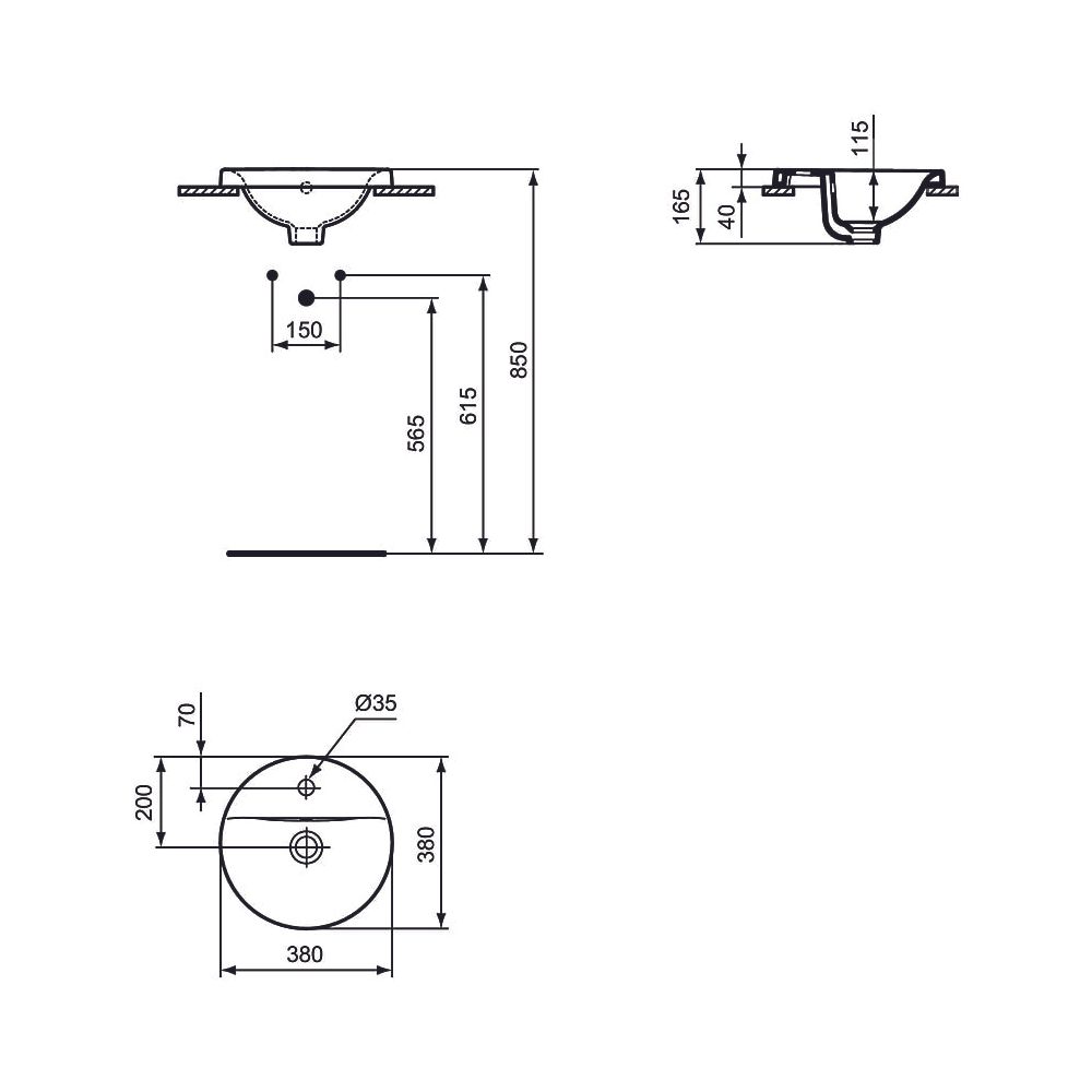 Ideal Standard Einbauwaschtisch Connect, rund, 1 Hahnloch mit Überlauf 380x380x165mm, Weiß... IST-E5041MA 5017830446781 (Abb. 2)