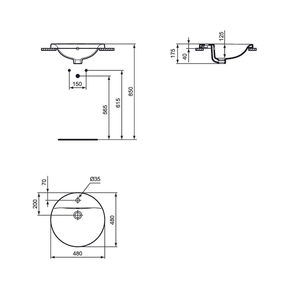 Ideal Standard Einbauwaschtisch Connect, rund, 1 Hahnloch mit Überlauf 480x480x175mm, Weiß... IST-E5042MA 5017830446804 (Abb. 2)