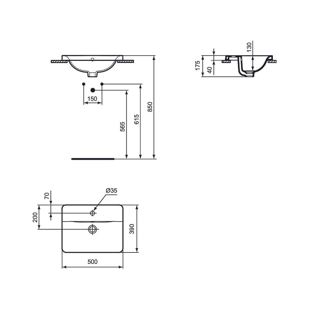 Ideal Standard Einbauwaschtisch Connect, rechteckig, 1 Hahnloch mit Überlauf 500x390x175mm... IST-E5043MA 5017830446828 (Abb. 2)